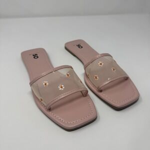 SO Women's Sandals Size 8 Slides Mesh Floral Pink See Through Open Toe‎ Square
